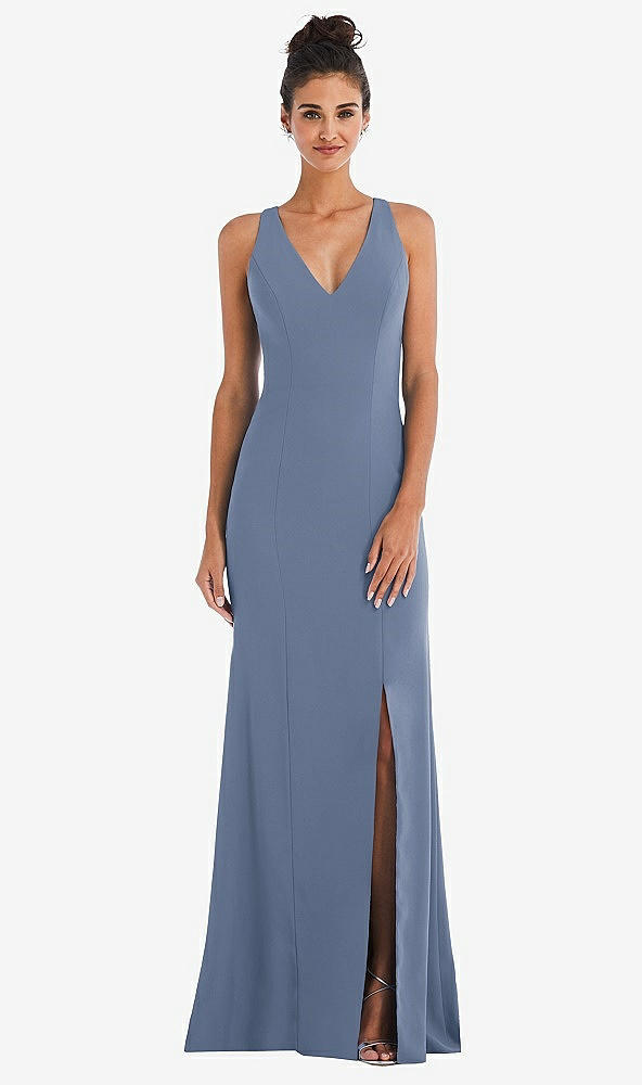 Back View - Larkspur Blue Criss-Cross Cutout Back Maxi Dress with Front Slit