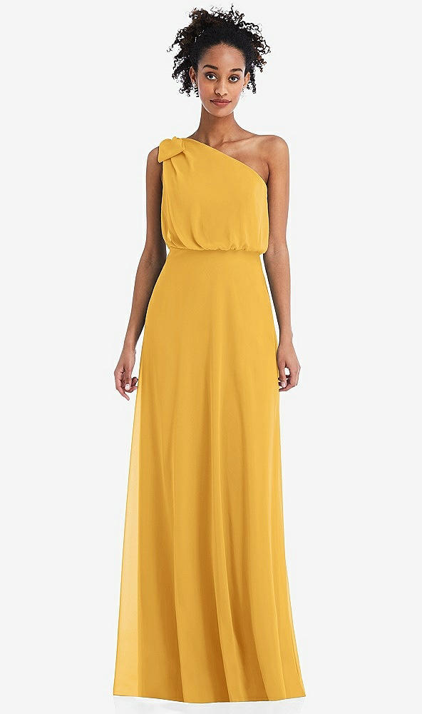 Front View - NYC Yellow One-Shoulder Bow Blouson Bodice Maxi Dress