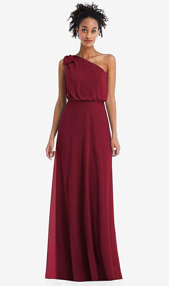 Front View - Burgundy One-Shoulder Bow Blouson Bodice Maxi Dress