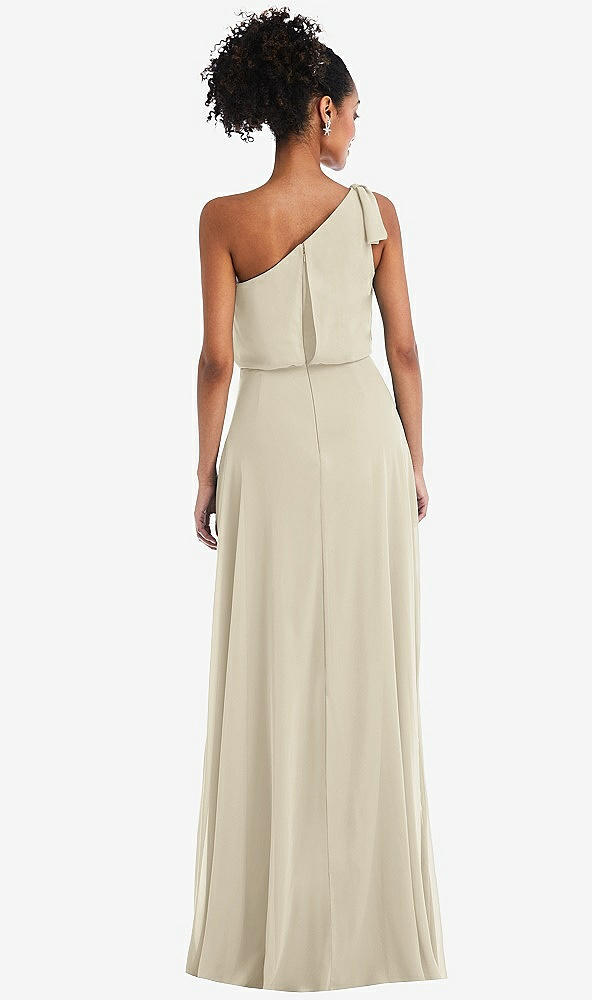 Back View - Champagne One-Shoulder Bow Blouson Bodice Maxi Dress