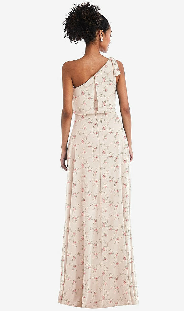 Back View - Coquette Floral Print One-Shoulder Bow Blouson Bodice Maxi Dress