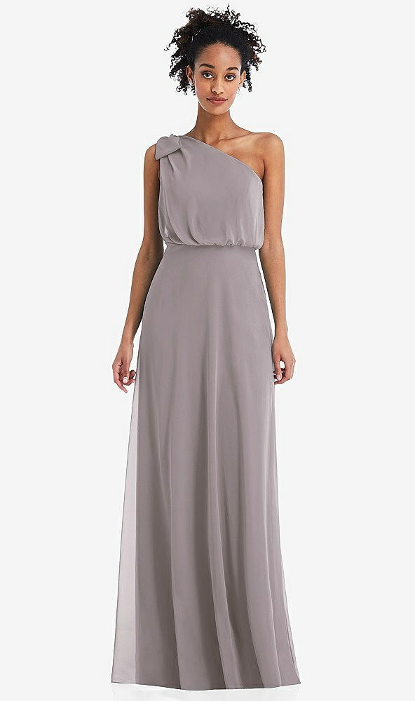 Front View - Cashmere Gray One-Shoulder Bow Blouson Bodice Maxi Dress