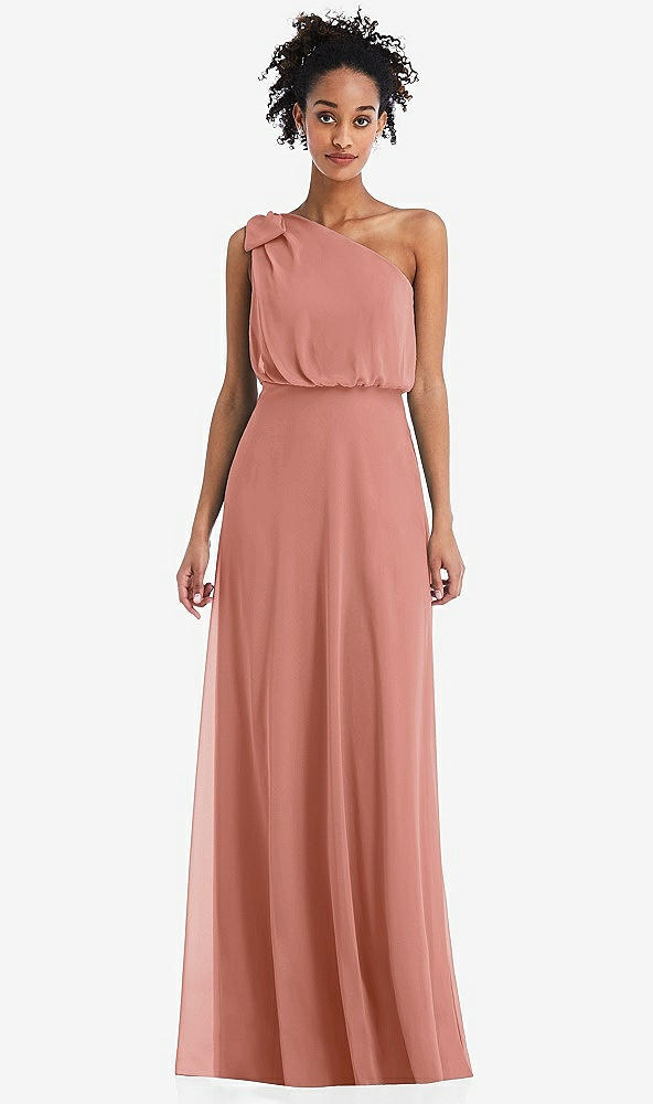 Front View - Desert Rose One-Shoulder Bow Blouson Bodice Maxi Dress