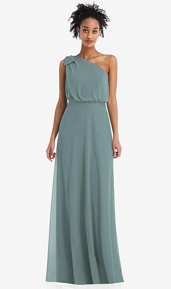 Front View - Icelandic One-Shoulder Bow Blouson Bodice Maxi Dress