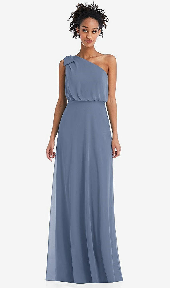 Front View - Larkspur Blue One-Shoulder Bow Blouson Bodice Maxi Dress