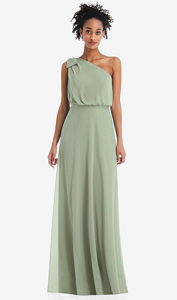 Front View - Sage One-Shoulder Bow Blouson Bodice Maxi Dress