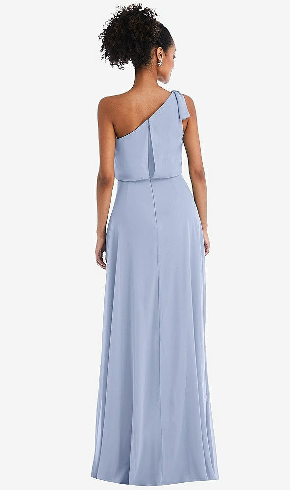 Back View - Sky Blue One-Shoulder Bow Blouson Bodice Maxi Dress