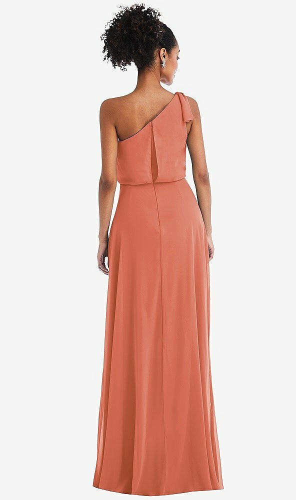 Back View - Terracotta Copper One-Shoulder Bow Blouson Bodice Maxi Dress