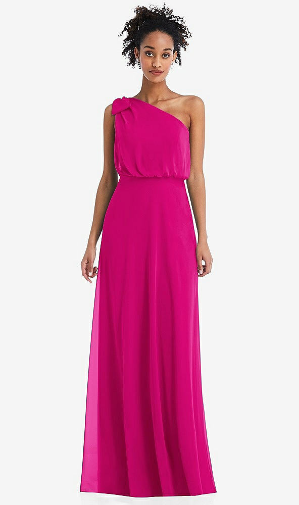 Front View - Think Pink One-Shoulder Bow Blouson Bodice Maxi Dress