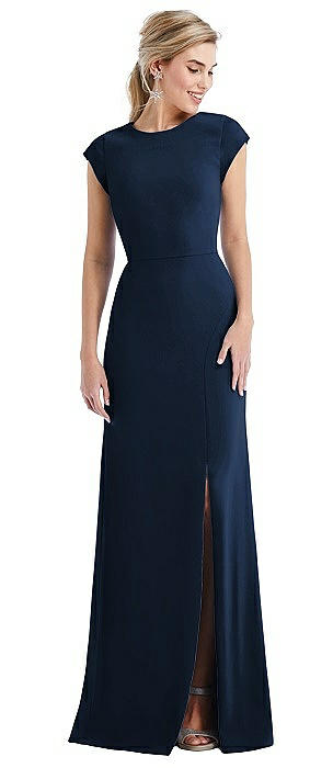 Cap Sleeve Open-Back Trumpet Gown with Front Slit