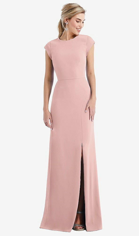 Front View - Rose - PANTONE Rose Quartz Cap Sleeve Open-Back Trumpet Gown with Front Slit