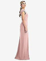 Side View Thumbnail - Rose - PANTONE Rose Quartz Cap Sleeve Open-Back Trumpet Gown with Front Slit