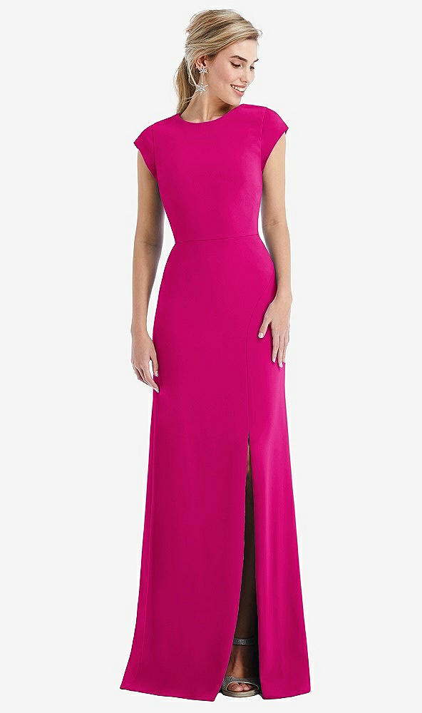 Front View - Think Pink Cap Sleeve Open-Back Trumpet Gown with Front Slit