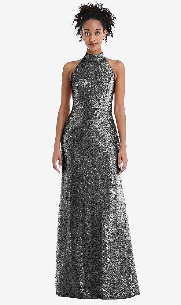 Front View - Stardust Stand Collar Halter Sequin Trumpet Gown