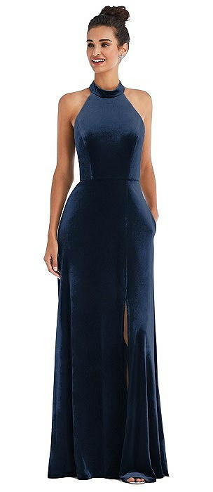 High-Neck Halter Velvet Maxi Dress with Front Slit