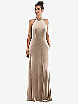 Front View Thumbnail - Topaz High-Neck Halter Velvet Maxi Dress with Front Slit