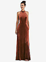 Front View Thumbnail - Auburn Moon High-Neck Halter Velvet Maxi Dress with Front Slit