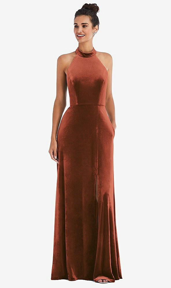 Front View - Auburn Moon High-Neck Halter Velvet Maxi Dress with Front Slit