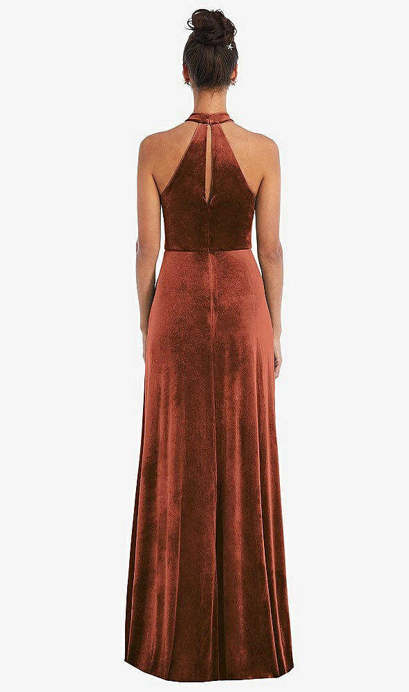 Back View - Auburn Moon High-Neck Halter Velvet Maxi Dress with Front Slit