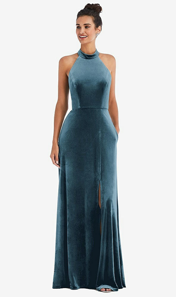 Front View - Dutch Blue High-Neck Halter Velvet Maxi Dress with Front Slit