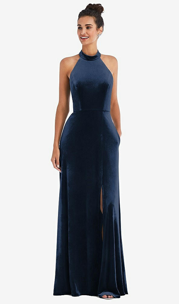 Front View - Midnight Navy High-Neck Halter Velvet Maxi Dress with Front Slit