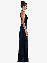 Side View Thumbnail - Midnight Navy High-Neck Halter Velvet Maxi Dress with Front Slit