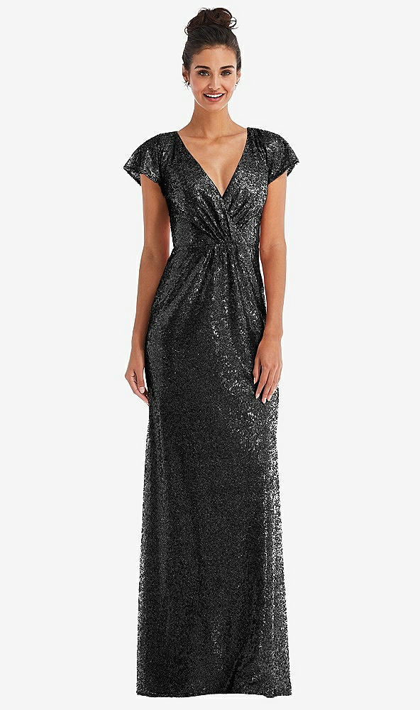 Front View - Black Cap Sleeve Wrap Bodice Sequin Maxi Dress