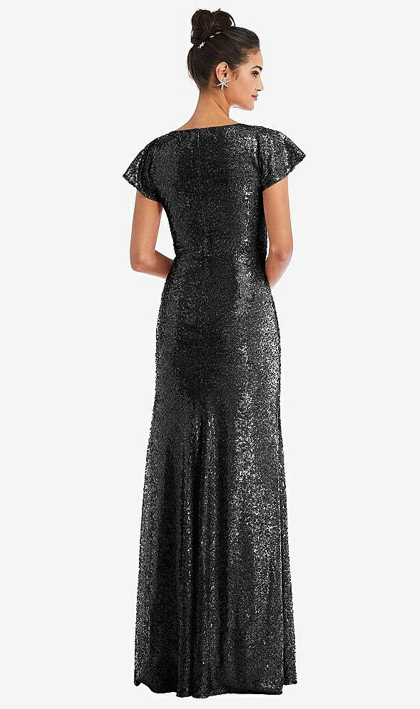 Back View - Black Cap Sleeve Wrap Bodice Sequin Maxi Dress