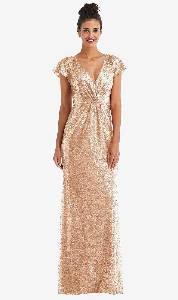 Front View - Copper Rose Cap Sleeve Wrap Bodice Sequin Maxi Dress