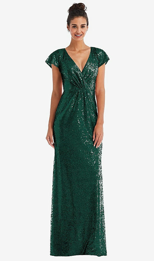 Front View - Hunter Green Cap Sleeve Wrap Bodice Sequin Maxi Dress