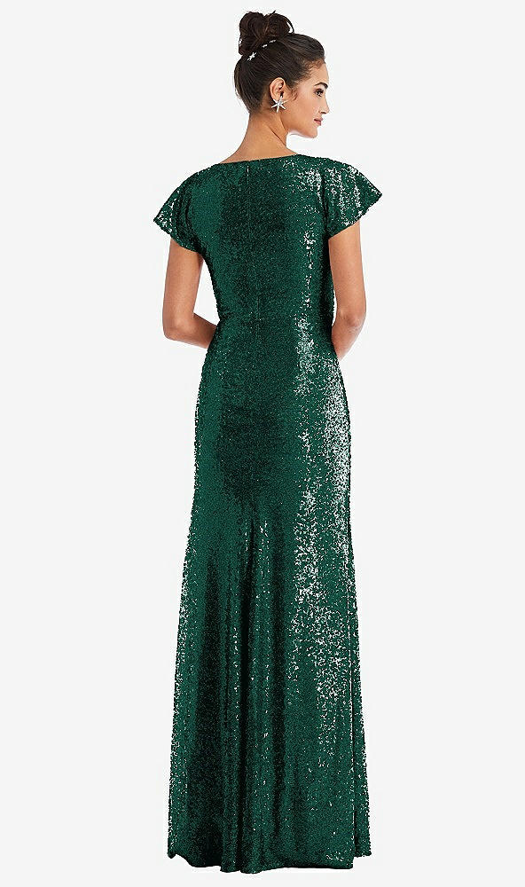 Back View - Hunter Green Cap Sleeve Wrap Bodice Sequin Maxi Dress