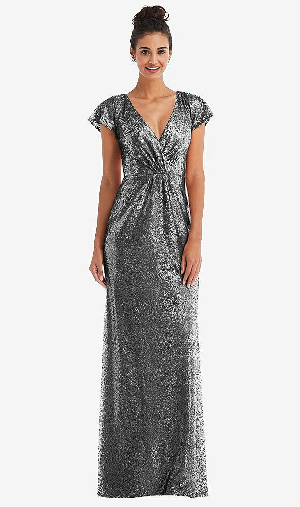 Front View - Stardust Cap Sleeve Wrap Bodice Sequin Maxi Dress