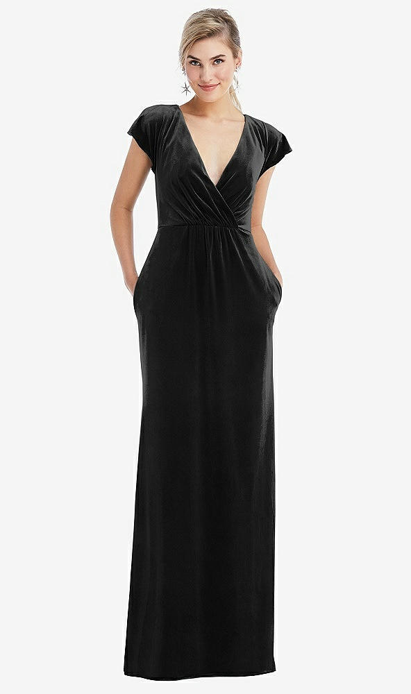 Front View - Black Flutter Sleeve Wrap Bodice Velvet Maxi Dress with Pockets