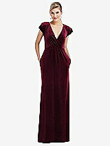 Front View Thumbnail - Cabernet Flutter Sleeve Wrap Bodice Velvet Maxi Dress with Pockets