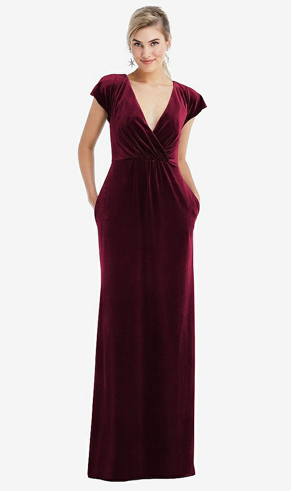 Front View - Cabernet Flutter Sleeve Wrap Bodice Velvet Maxi Dress with Pockets