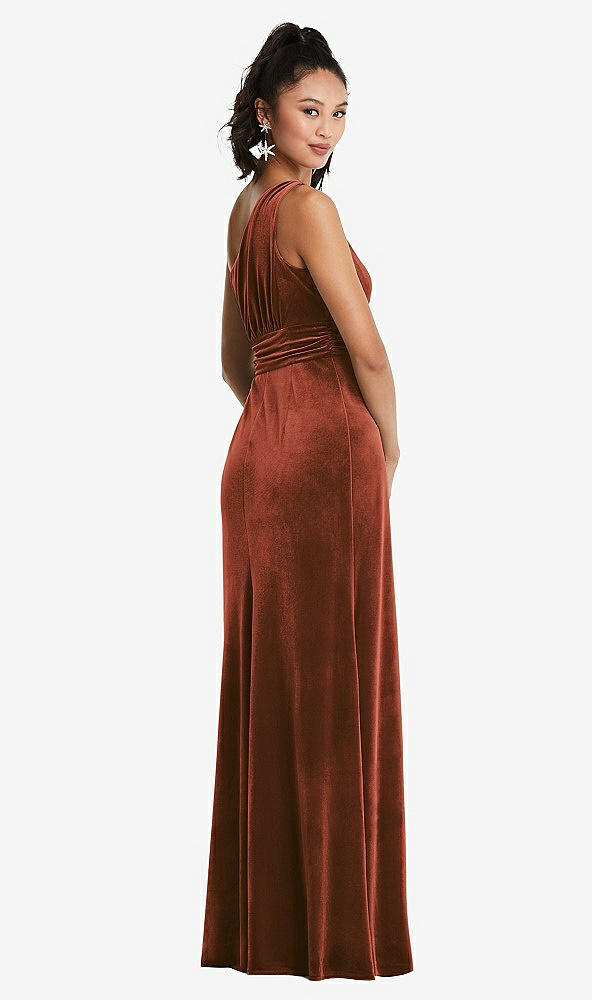 Back View - Auburn Moon One-Shoulder Draped Velvet Maxi Dress