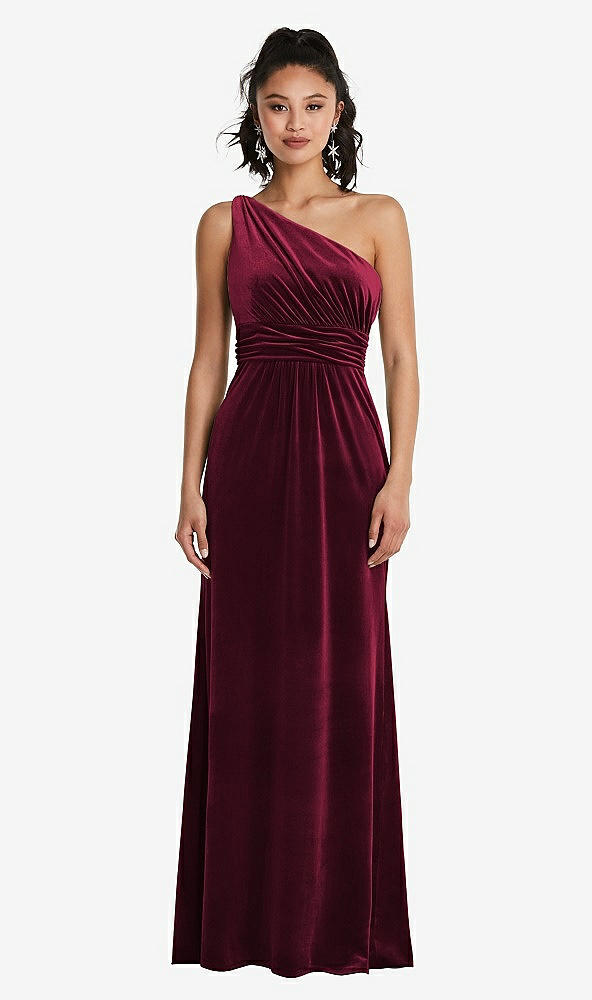 Front View - Cabernet One-Shoulder Draped Velvet Maxi Dress