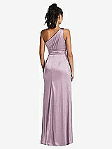 Rear View Thumbnail - Suede Rose One-Shoulder Draped Satin Maxi Dress