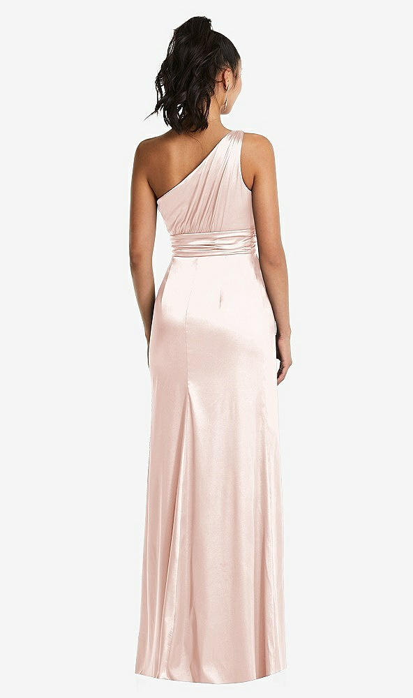 Back View - Blush One-Shoulder Draped Satin Maxi Dress