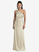 Front View Thumbnail - Champagne One-Shoulder Draped Satin Maxi Dress