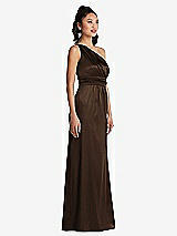 Side View Thumbnail - Espresso One-Shoulder Draped Satin Maxi Dress