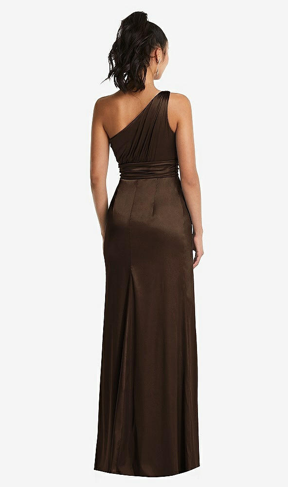 Back View - Espresso One-Shoulder Draped Satin Maxi Dress