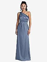 Front View Thumbnail - Larkspur Blue One-Shoulder Draped Satin Maxi Dress