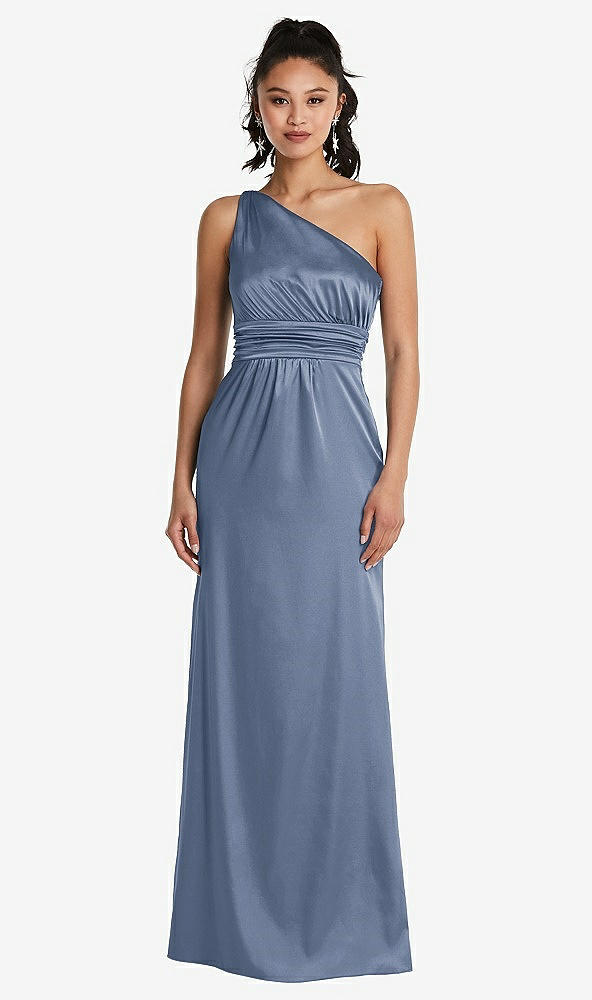 Front View - Larkspur Blue One-Shoulder Draped Satin Maxi Dress