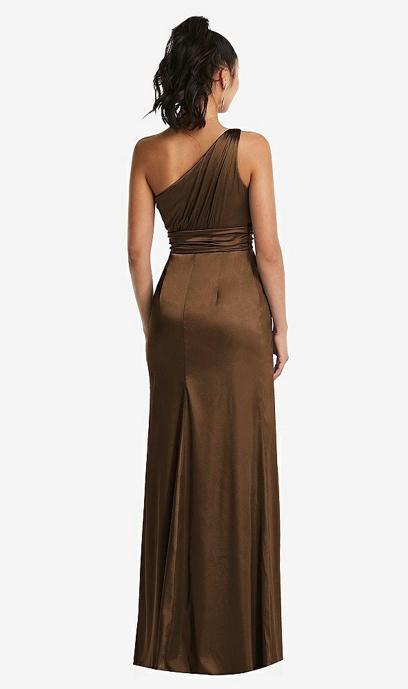 Back View - Latte One-Shoulder Draped Satin Maxi Dress