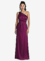 Front View Thumbnail - Merlot One-Shoulder Draped Satin Maxi Dress