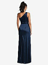 Rear View Thumbnail - Midnight Navy One-Shoulder Draped Satin Maxi Dress