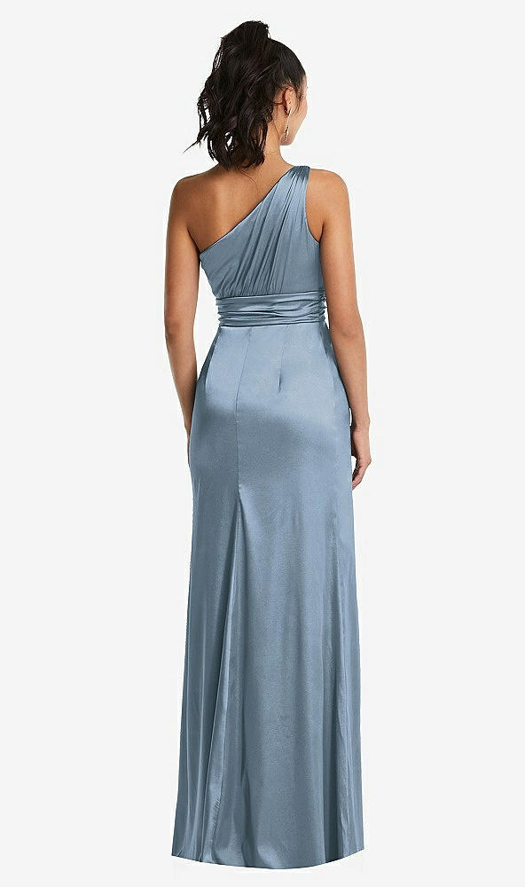 Back View - Slate One-Shoulder Draped Satin Maxi Dress