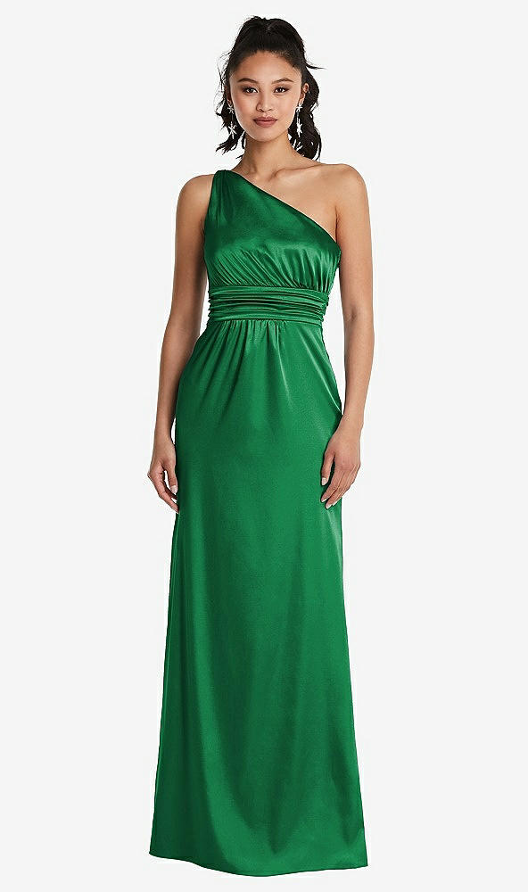 Front View - Shamrock One-Shoulder Draped Satin Maxi Dress