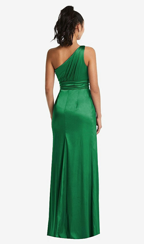 Back View - Shamrock One-Shoulder Draped Satin Maxi Dress